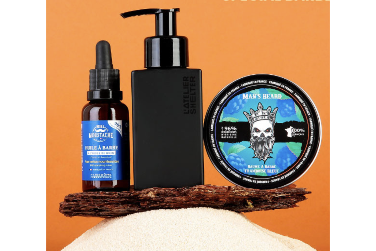 Box Monsieur détail produits barbe gel de rasage Atelier Shelter huile barbe Big Moustache baume Man's Beard