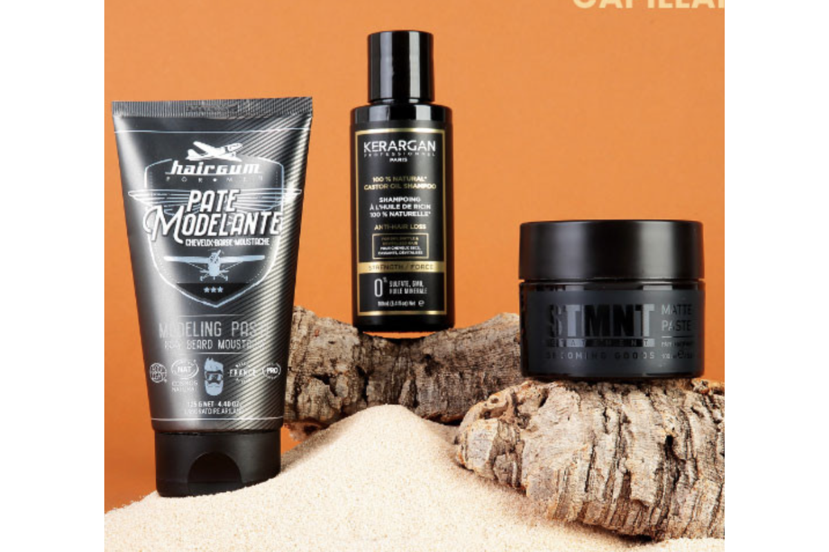 Box Monsieur détail produits cheveux pâte modelante Hairgum shampoing anti-chute Kerargan pâte matifiante STMNT