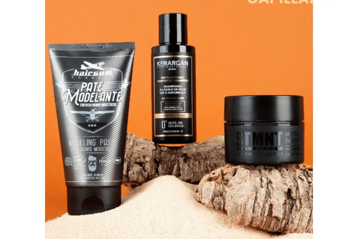 Box Monsieur détail produits cheveux pâte modelante Hairgum shampoing anti-chute Kerargan pâte matifiante STMNT