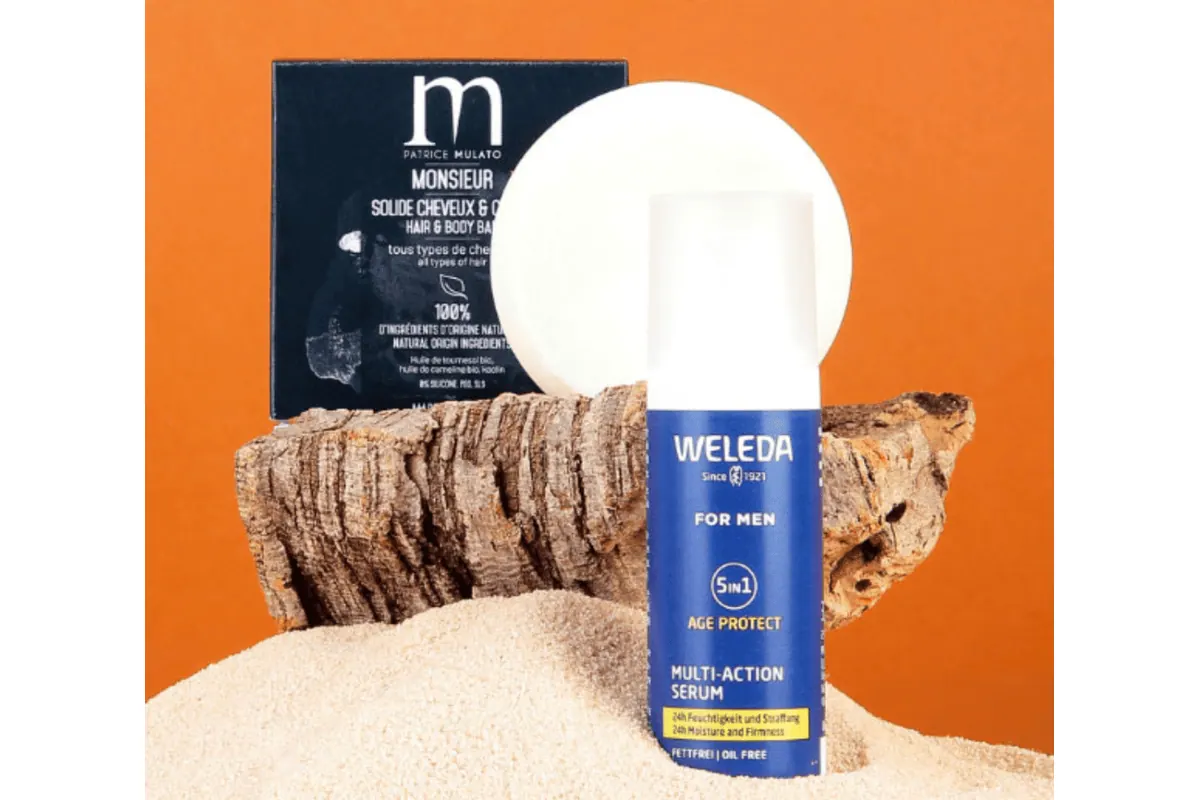 Box Monsieur détail sérum 5-en-1 Weleda anti-âge homme solide cheveux et corps Patrice Mulato 2-en-1