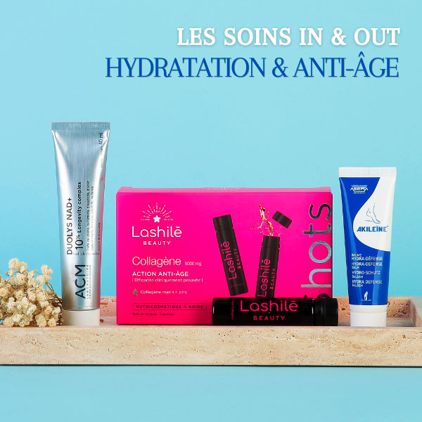 Crème Duolys NAD+, shots collagène Lashilé Beauty, pastilles Hydratis et baume Akileïne de la Box L'Officine