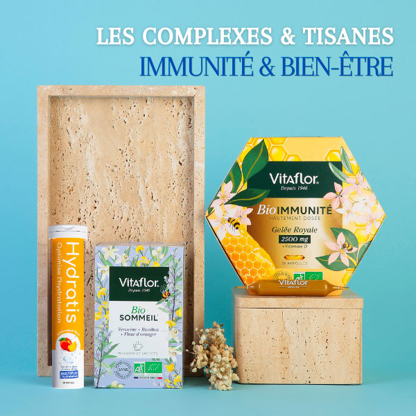 Pastilles Hydratis, tisane sommeil et gelée royale Vitaflor de la Box L'Officine