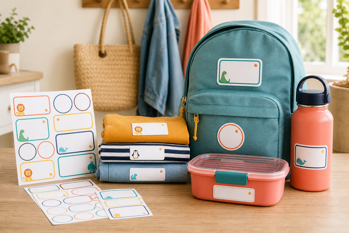 Étiquettes personnalisables sur un sac à dos, une gourde, une boîte repas et des vêtements d'enfant