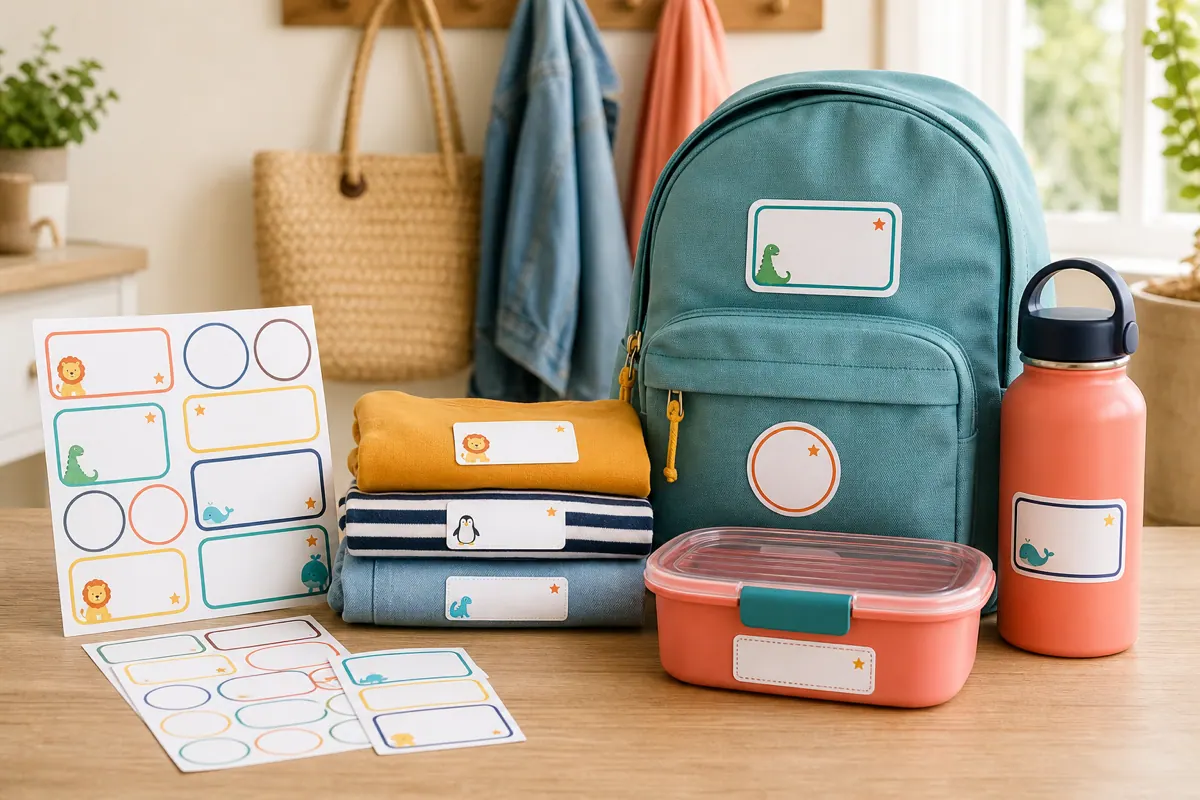 Étiquettes personnalisables sur un sac à dos, une gourde, une boîte repas et des vêtements d'enfant