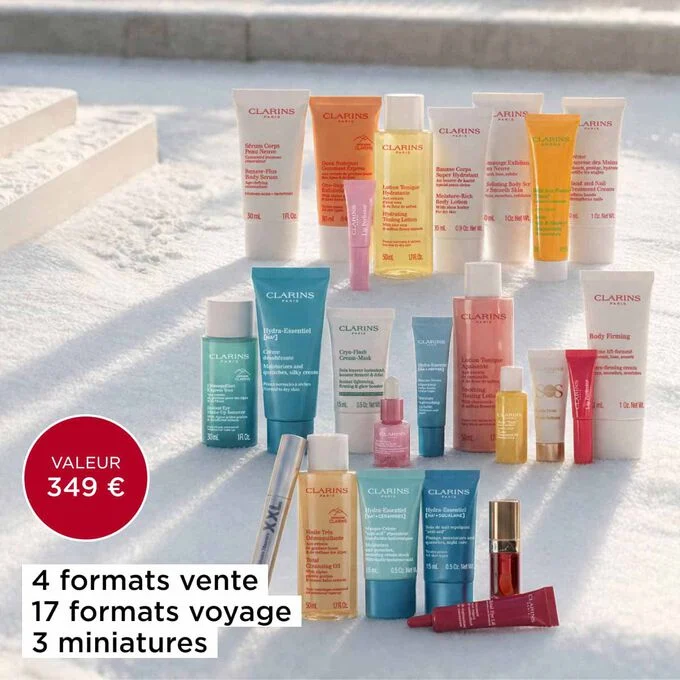 Les 24 produits du calendrier Clarins 2026, dont quatre formats vente, dix-sept formats voyage et trois miniatures