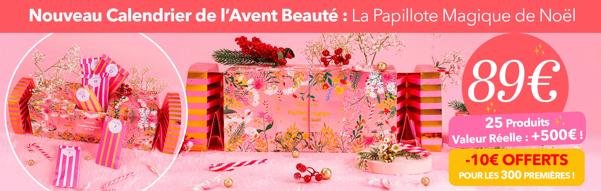Calendrier de l’Avent Glowria 2026 La Papillote Magique de Noël rose avec ses paquets et son prix de lancement