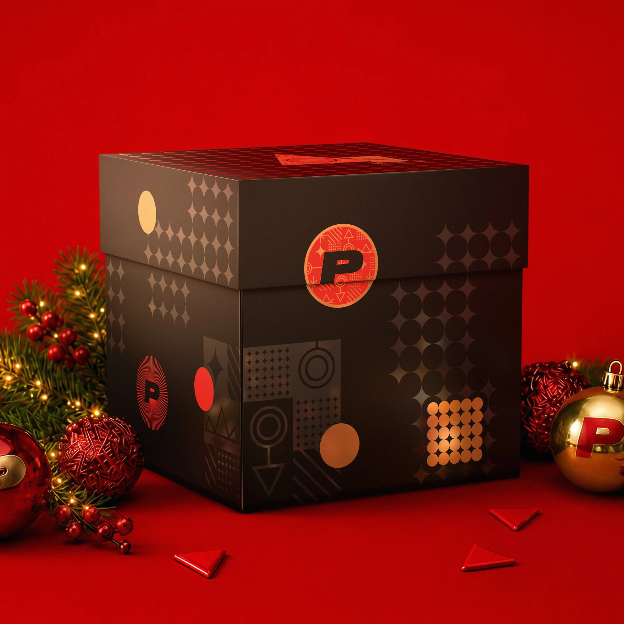 Calendrier de l’Avent Prozis fermé, coffret noir et doré sur fond rouge avec décorations de Noël