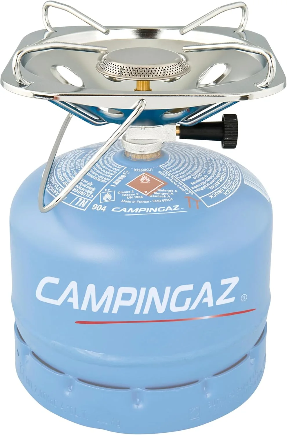 Réchaud Campingaz Super Carena installé sur une bouteille de gaz rechargeable R904 non incluse