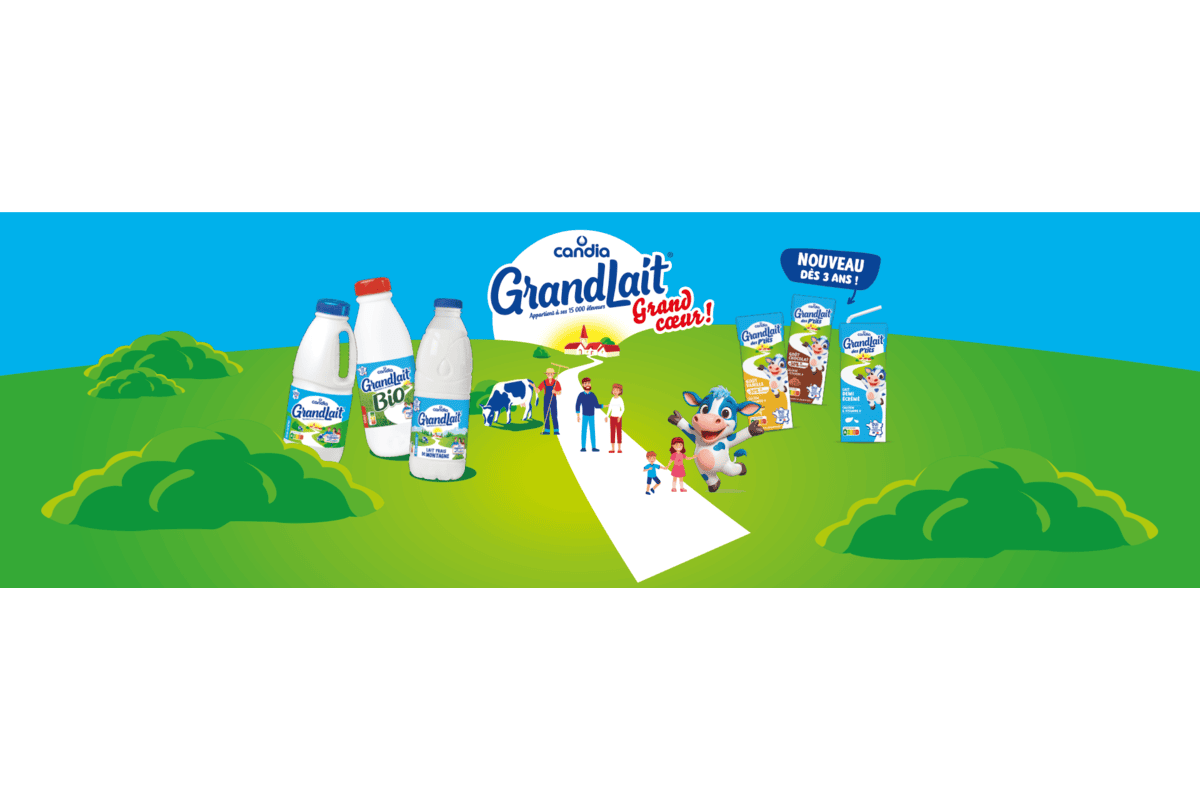 Concours Candia GrandLait Grand Cœur : logo Candia avec bouteilles GrandLait Bio et briques GrandLait des P'tits sur paysage vert avec vache mascotte et famille