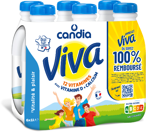 Pack de six bouteilles de lait Candia Viva avec la mention Appréciez Viva ou soyez 100 % remboursé