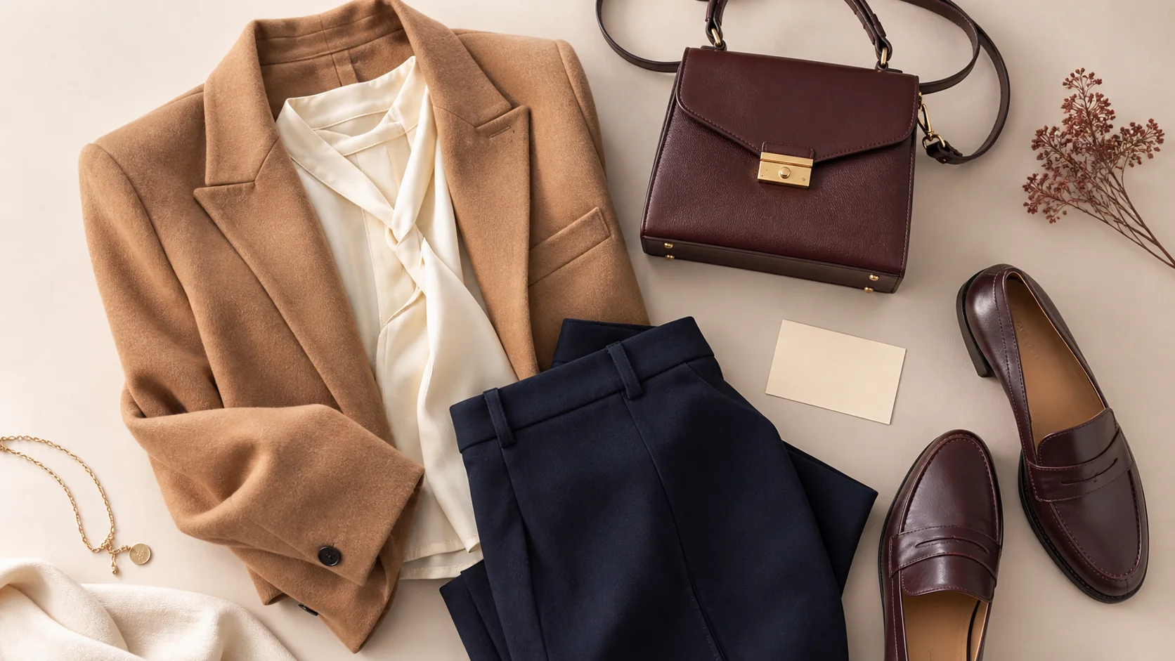 Sélection élégante de vêtements et accessoires pour femme dans des tons camel ivoire et marine