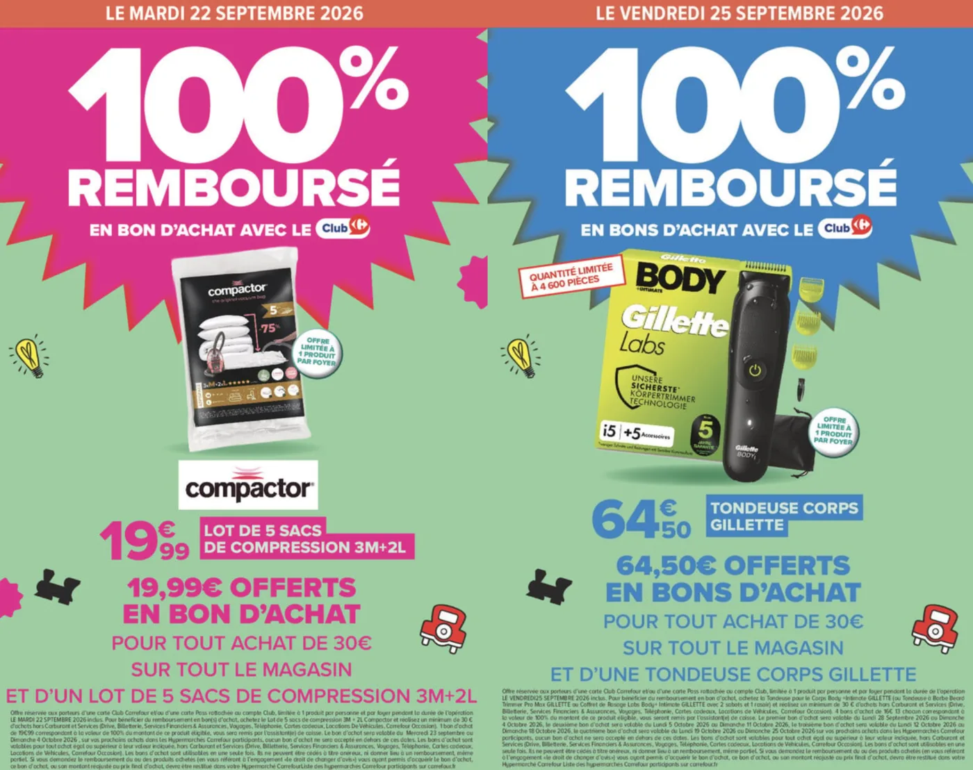 Offres Carrefour sacs Compactor et tondeuse corps Gillette remboursés à 100 % en bons d’achat