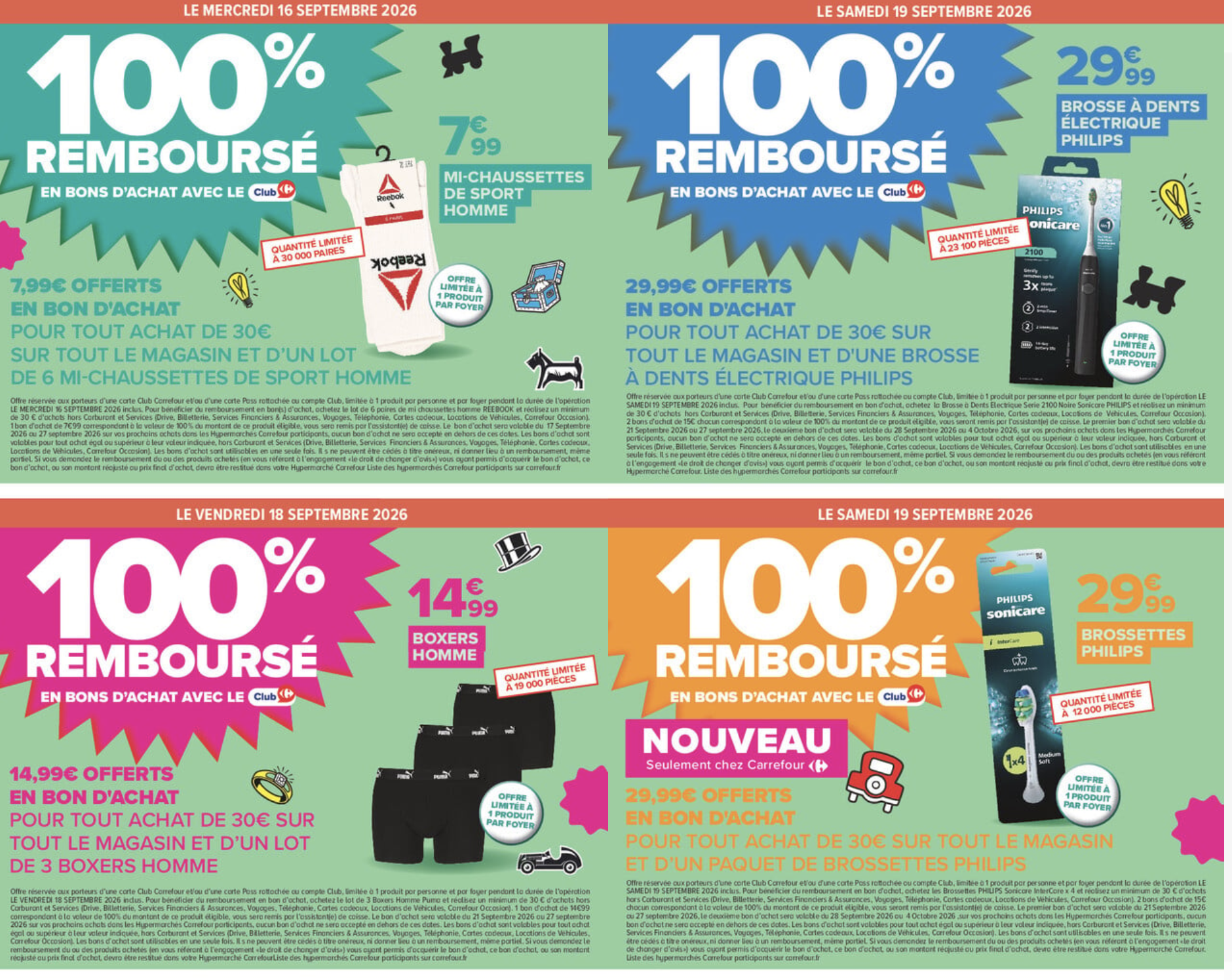 Visuel Carrefour des opérations en bons d'achat sur les boxers Puma et les produits Philips Sonicare