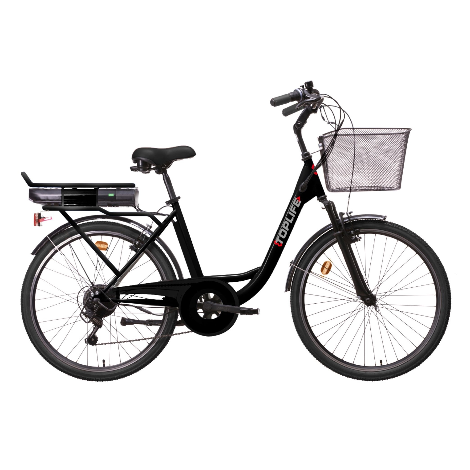 Vélo électrique de ville Toplife E-4600 V2 noir avec panier avant et porte-bagages