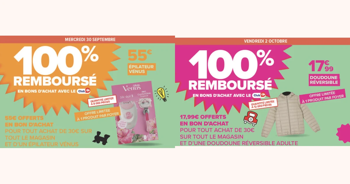 Épilateur Venus et doudoune réversible remboursés à 100 % en bons d’achat chez Carrefour