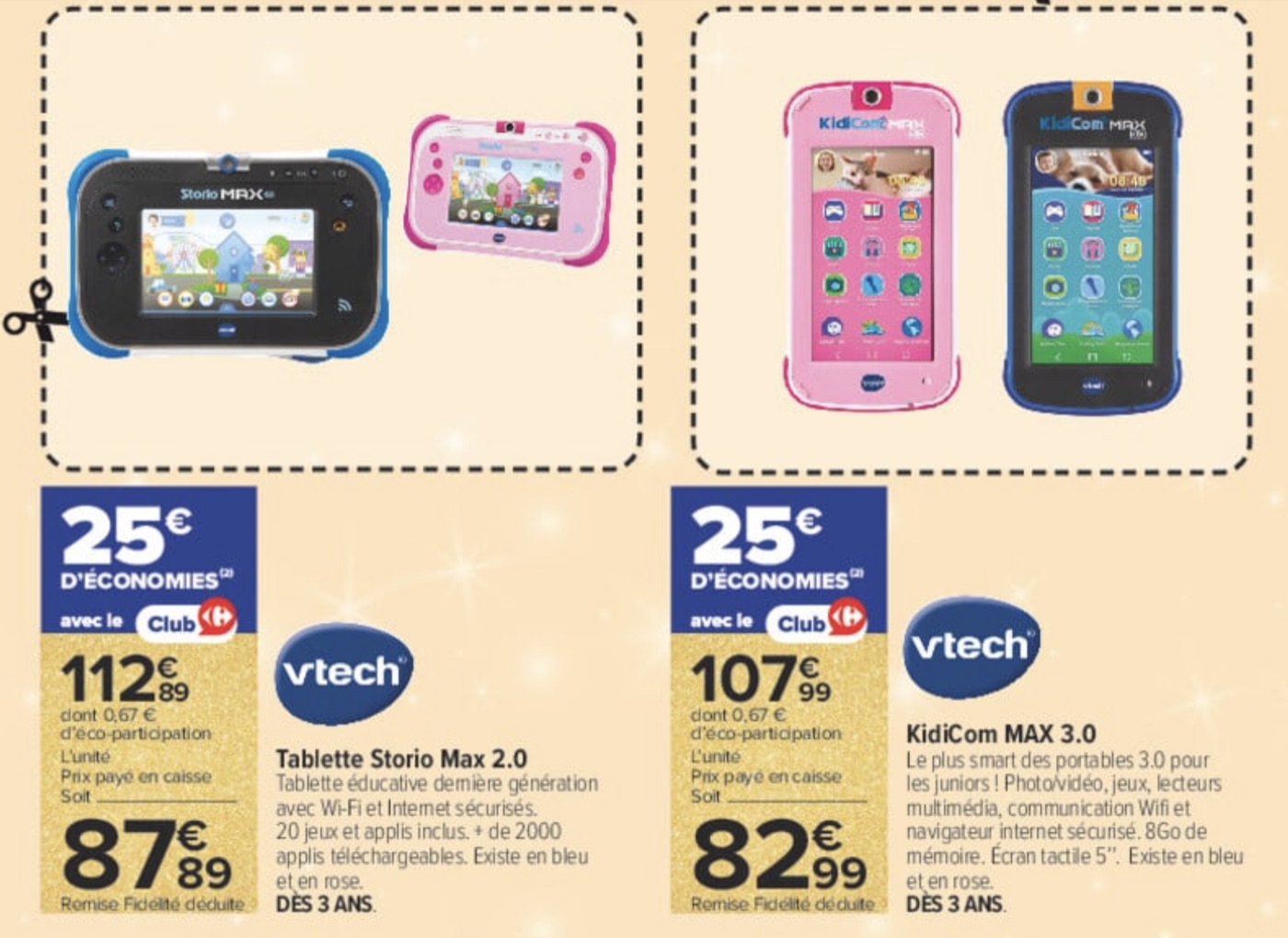 Catalogue Carrefour avec 25 euros cagnottés sur la tablette VTech Storio Max 2.0 et le KidiCom Max 3.0