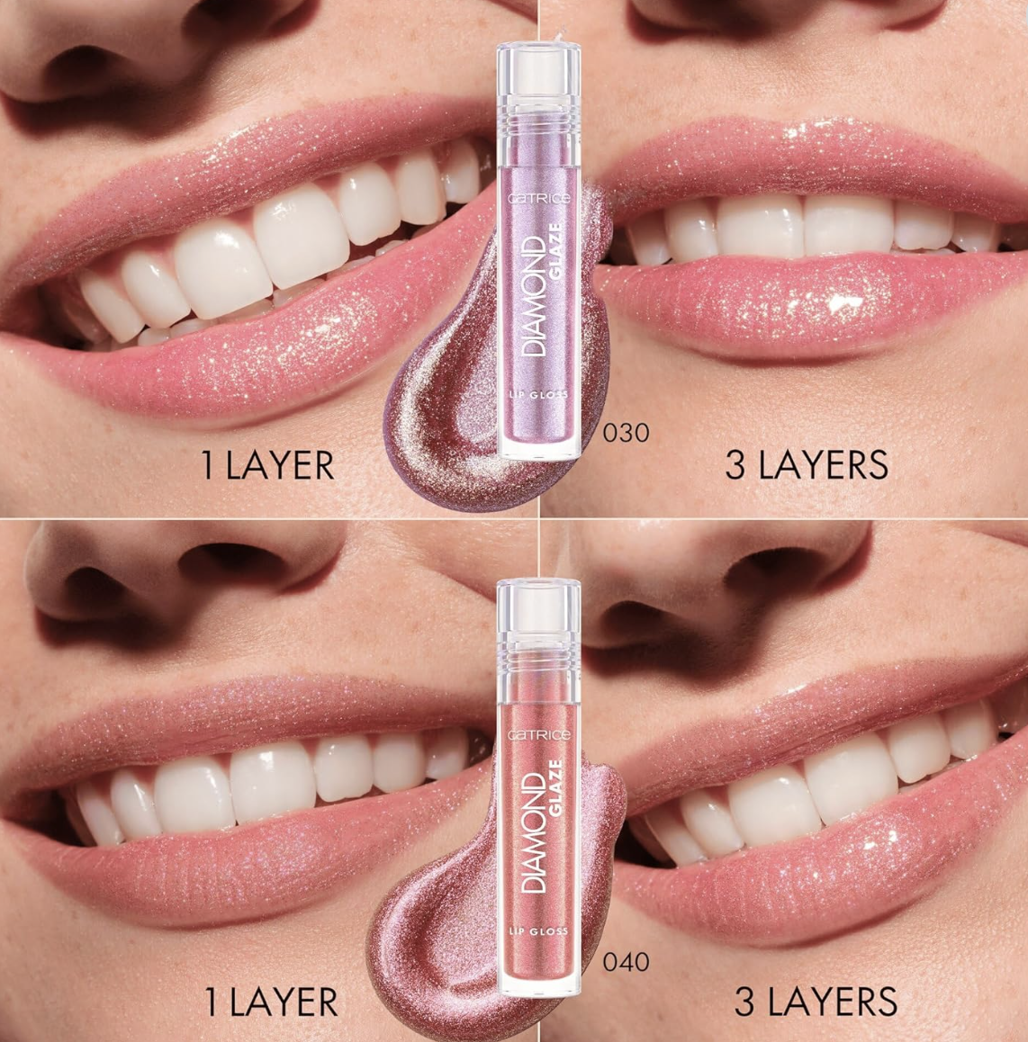 Catrice Diamond Glaze Lip Gloss avant apres 1 couche et 3 couches