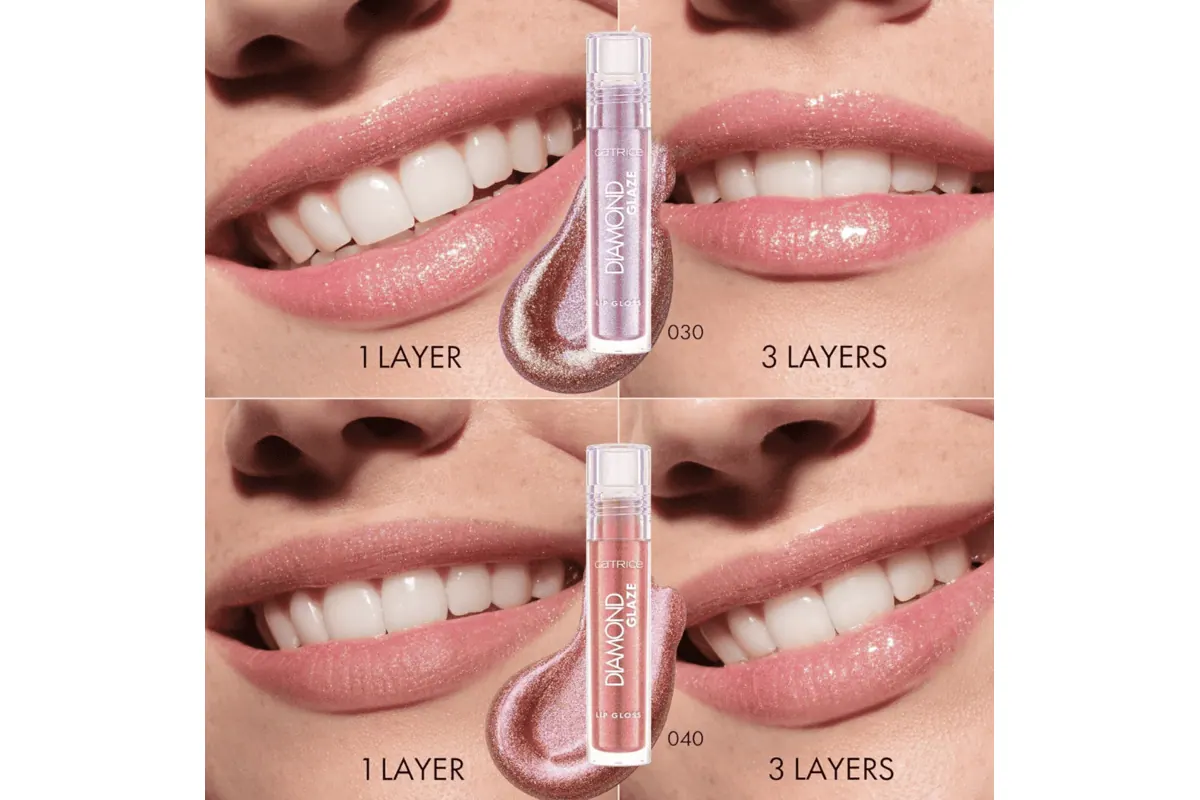 Catrice Diamond Glaze Lip Gloss avant apres 1 couche et 3 couches