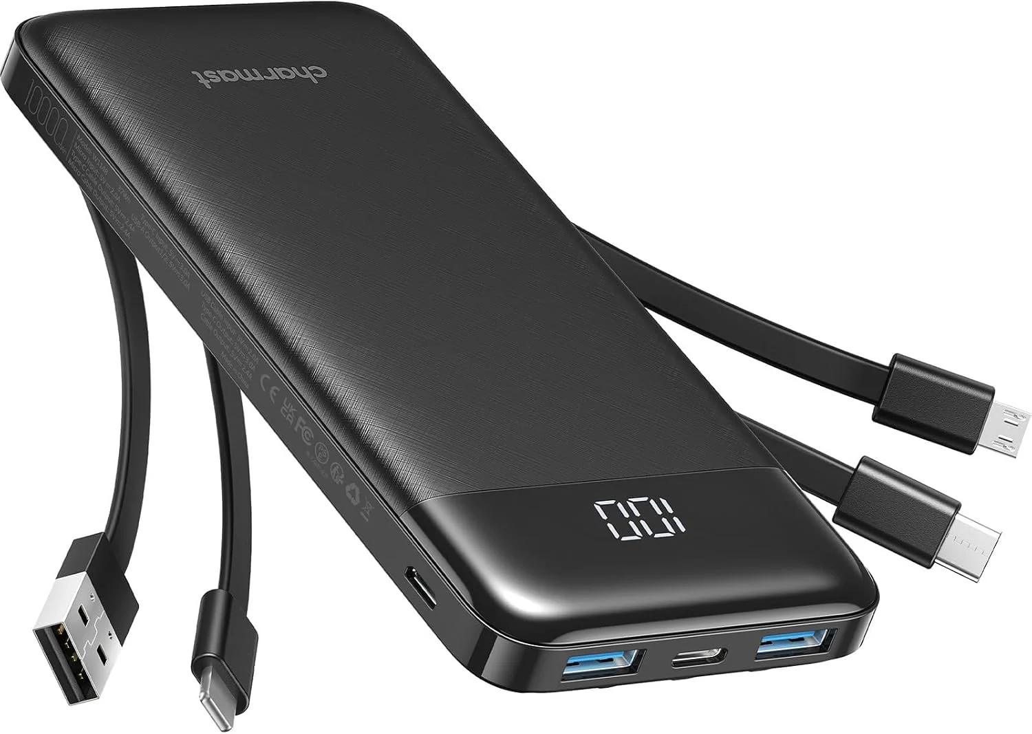 Batterie externe noire Charmast 10 000 mAh avec quatre câbles intégrés et écran numérique