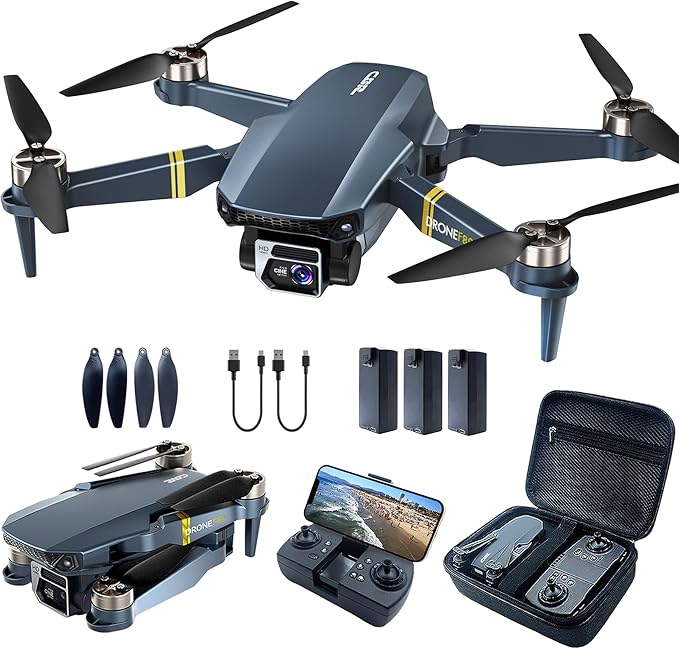 Drone CHUBORY F89 bleu avec télécommande, trois batteries, accessoires et sac de transport