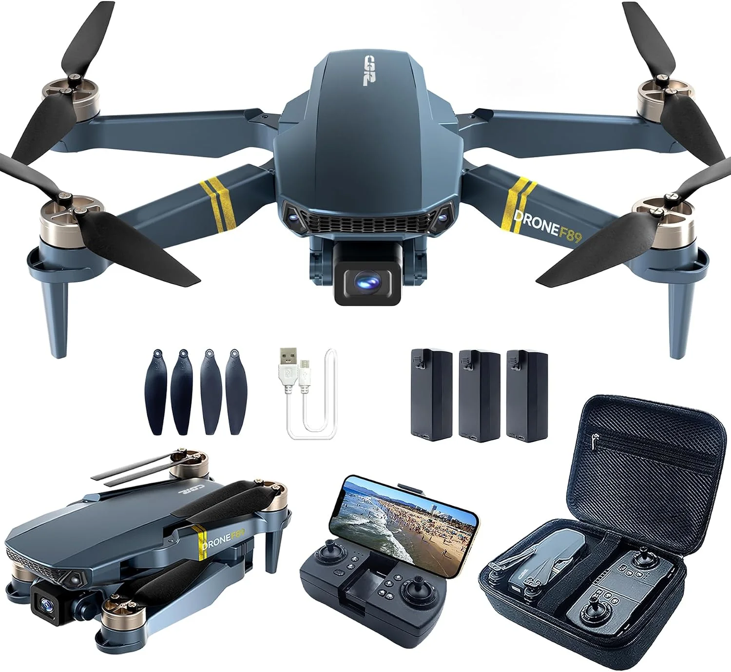 Drone pliable CHUBORY F89 bleu avec télécommande, trois batteries et sac de transport