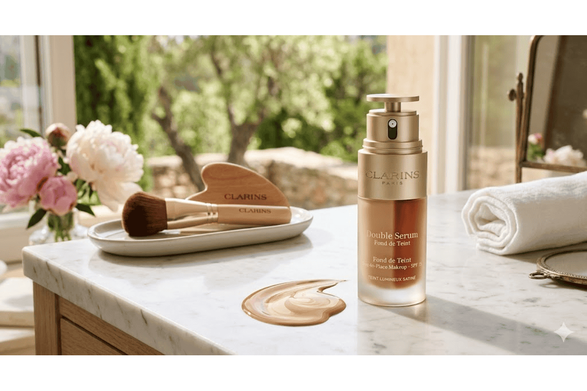 Clarins Double Serum Fond de Teint flacon doré pompe pinceau gua sha bois pivoines roses marbre fenêtre jardin