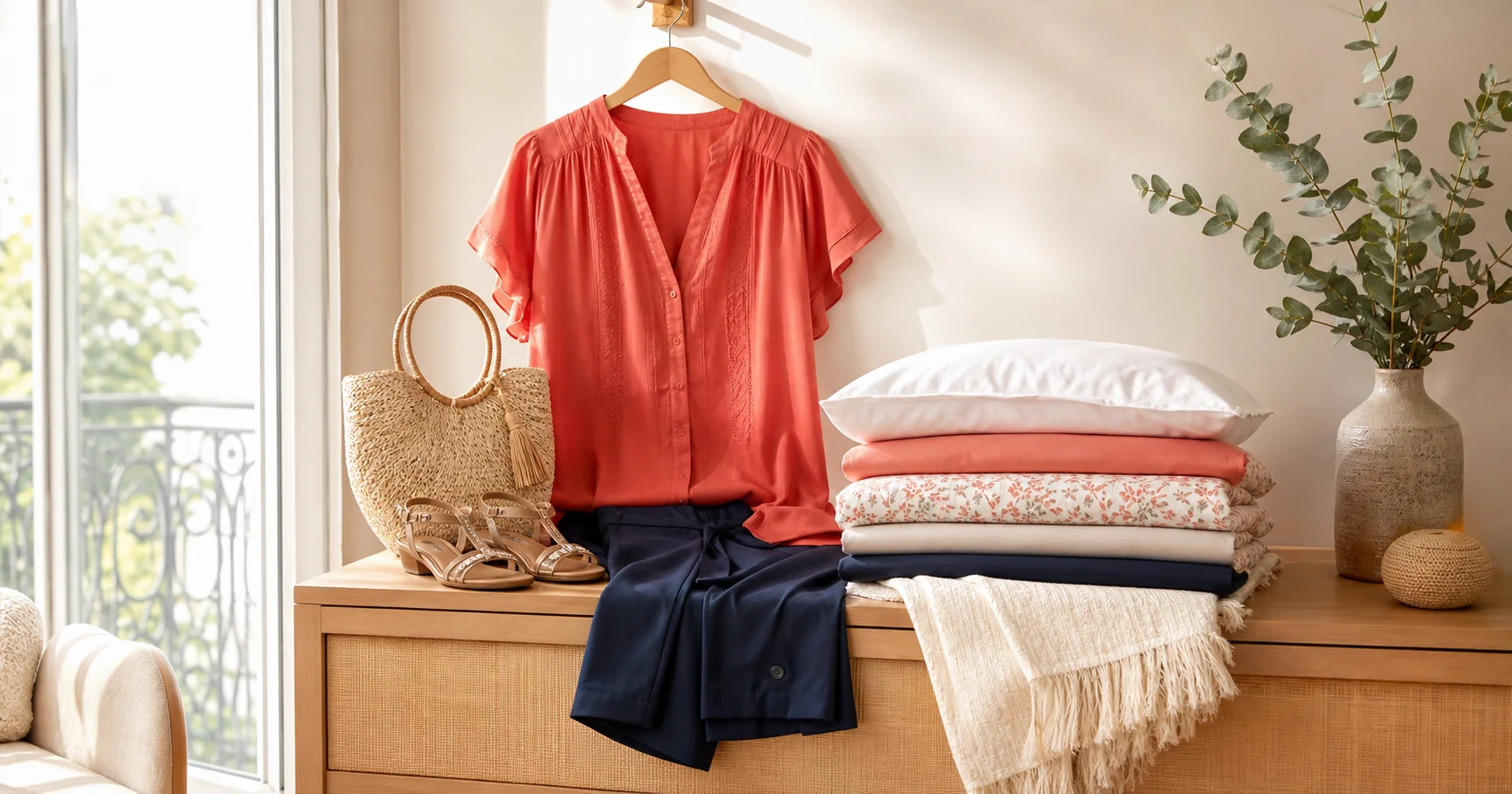 Tenue mode femme estivale et linge de maison illustrant le code promo Blancheporte