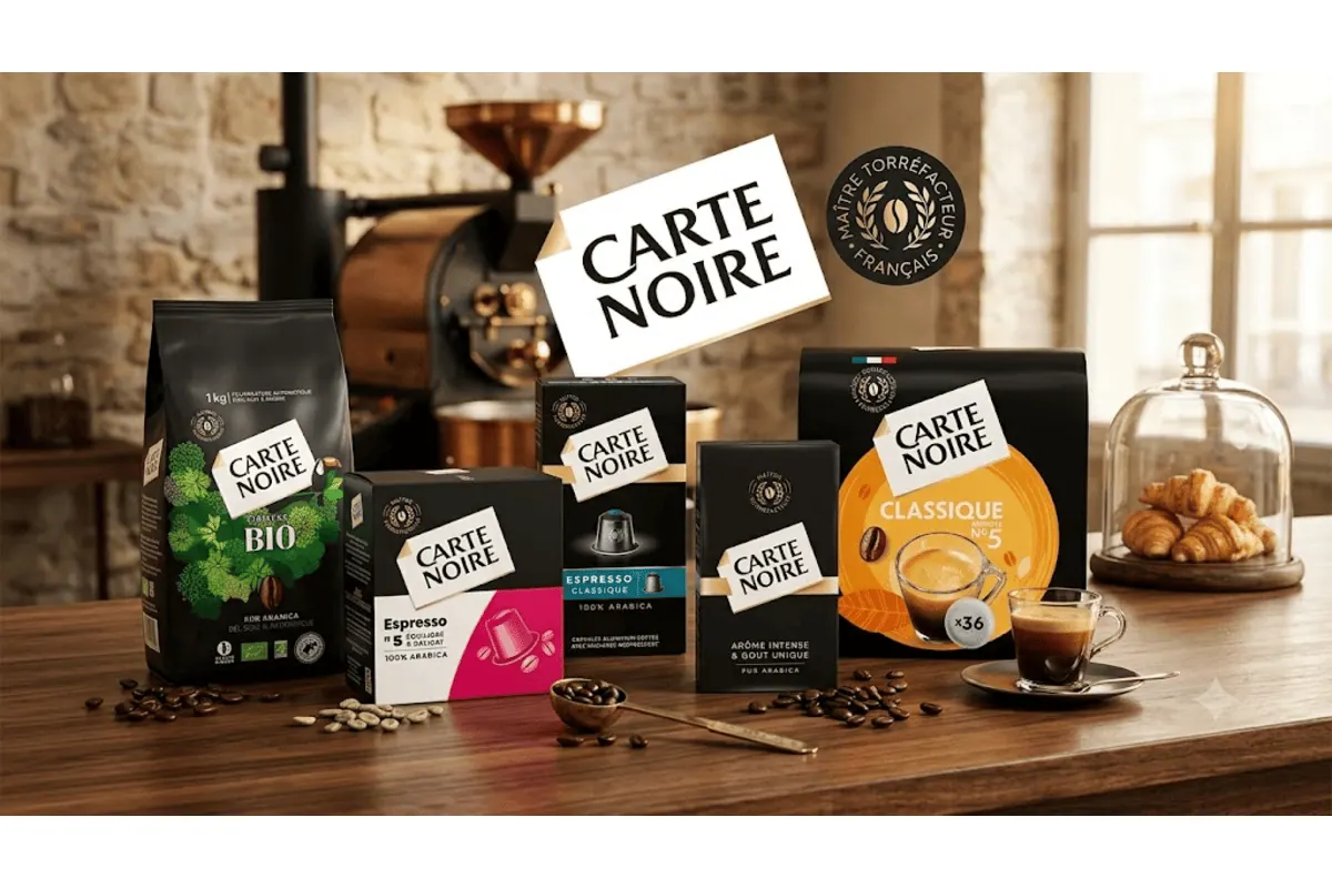 Gamme Carte Noire : café Bio en grains, capsules Espresso Classique, dosettes Classique n°5, café moulu, devant une machine de torréfaction artisanale