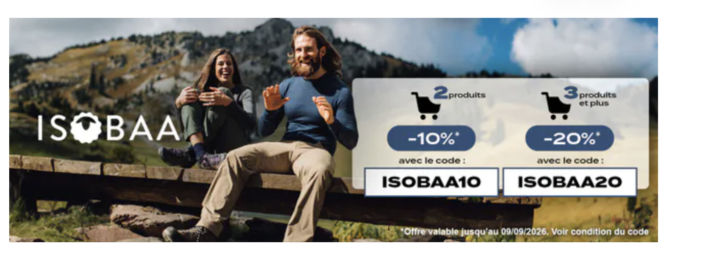 Codes promo Isobaa Private Sport Shop moins 10 pour cent dès 2 produits et moins 20 pour cent dès 3 produits