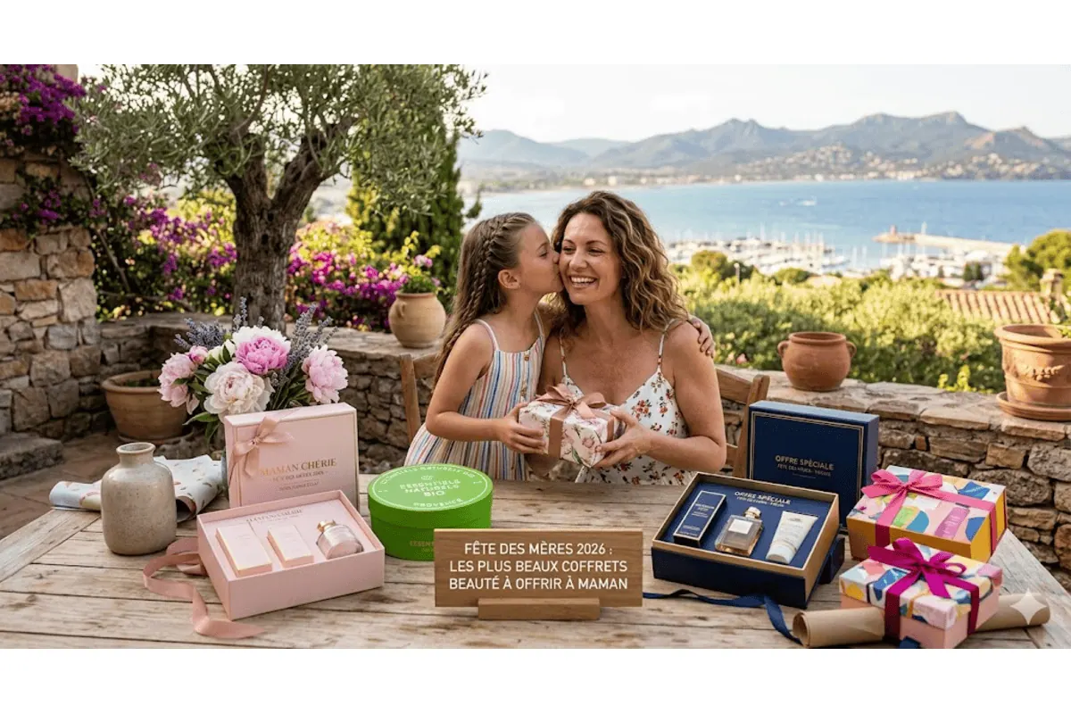 Maman fille terrasse coffrets cadeaux fête des mères pivoines roses vue mer baie collines coffrets beauté