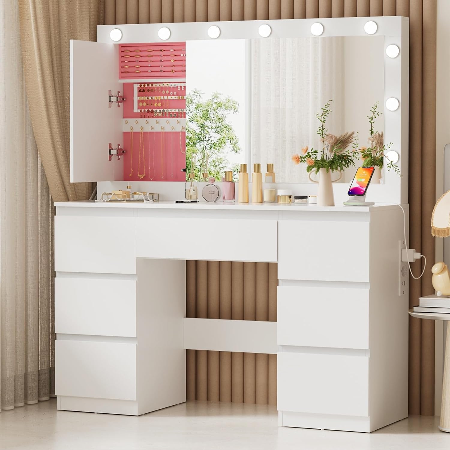 Coiffeuse TRIUMPHKEY blanche avec grand miroir, douze ampoules LED et sept tiroirs