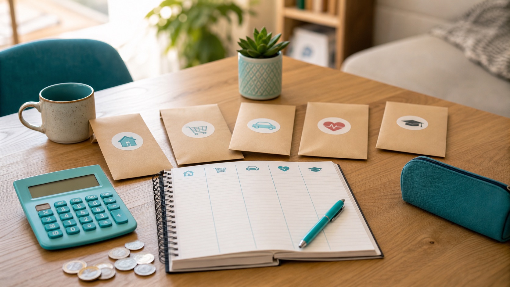 Carnet, enveloppes et calculatrice pour organiser un budget familial en 2026