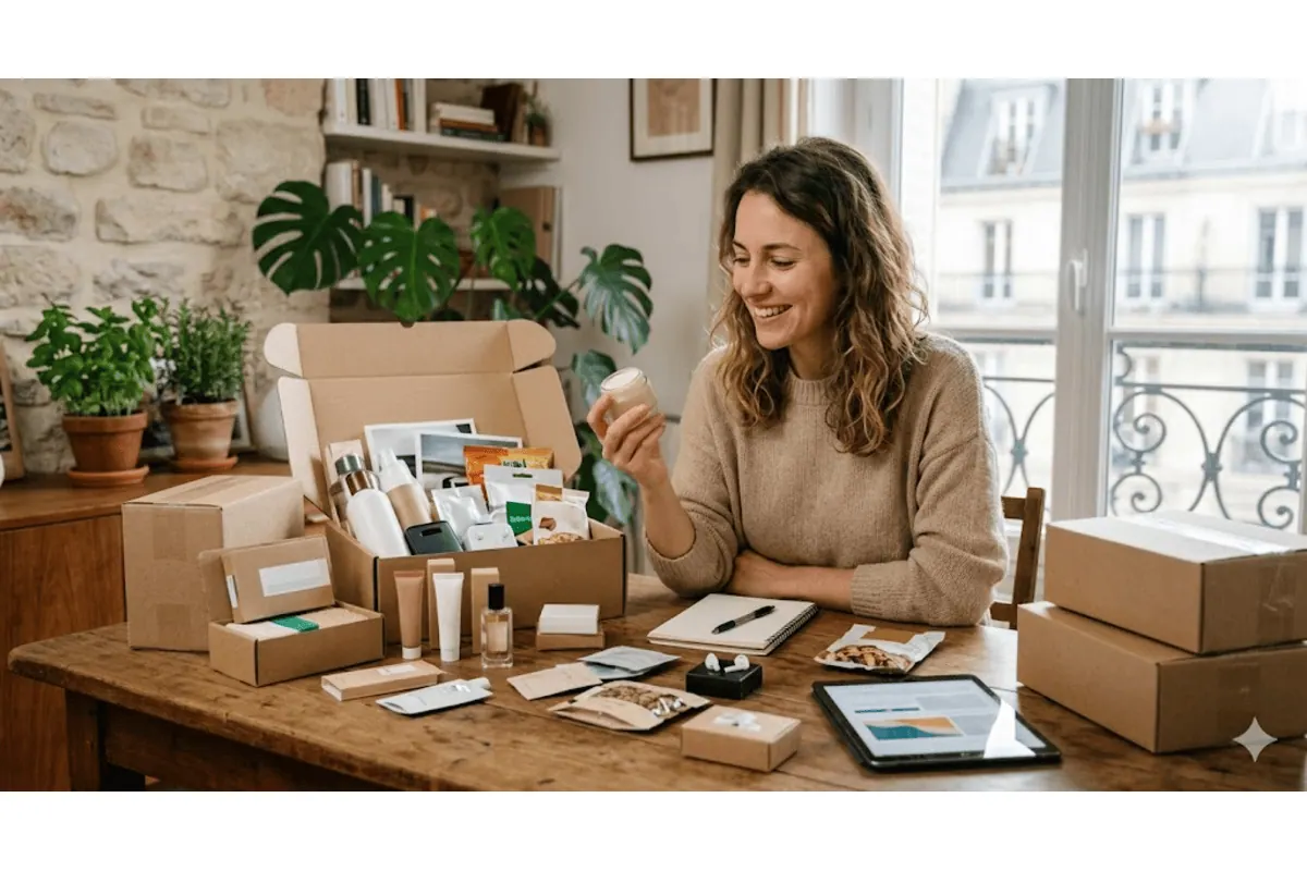 Femme sourit reçoit colis échantillons gratuits cosmétiques alimentaire test maison France