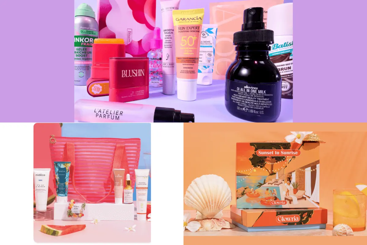 Comparatif des trois box beauté : le contenu Blissim, la box Biotyfull avec son sac estival et la box Glowria Sunset to Sunrise