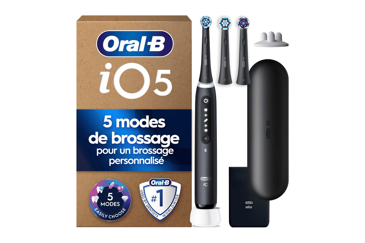 Oral-B iO 5 brosse à dents électrique noire technologie magnétique 5 modes de brossage capteur de pression étui de voyage 3 brossettes