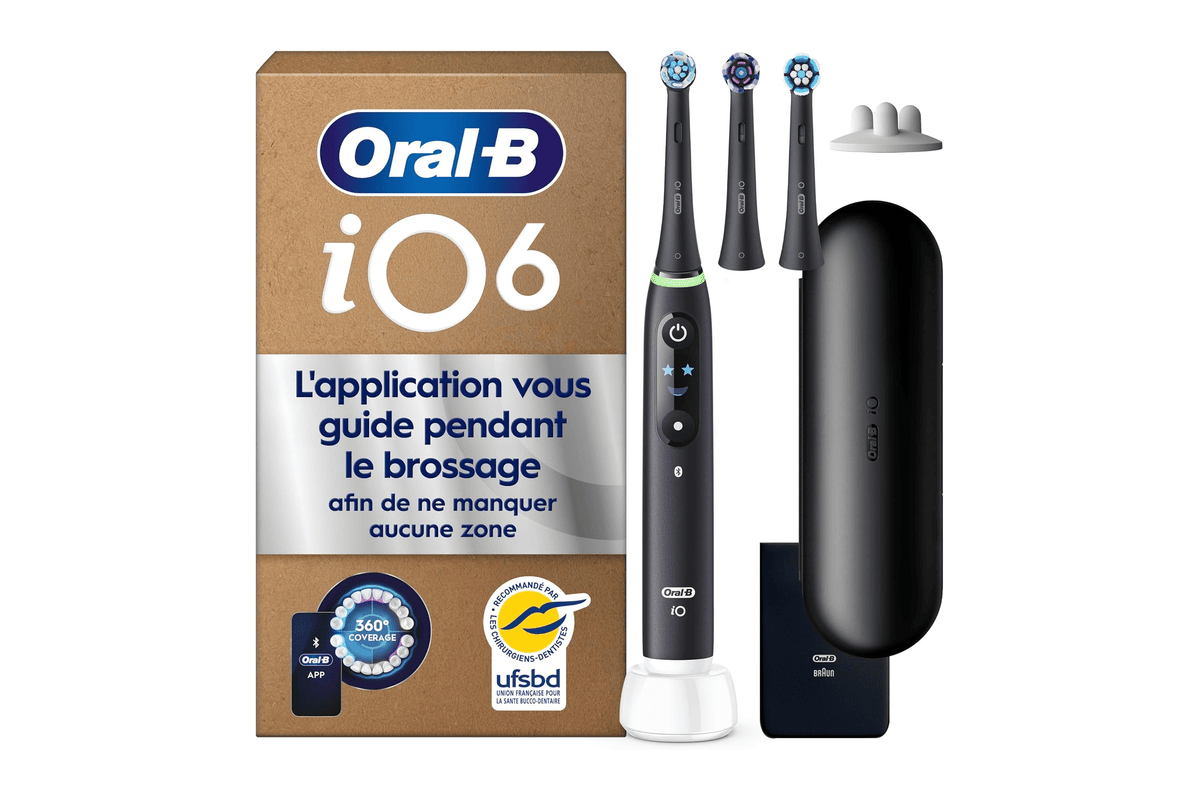 Oral-B iO 6 brosse à dents électrique noire technologie magnétique 5 modes capteur de pression écran LED coach batterie rechargeable étui