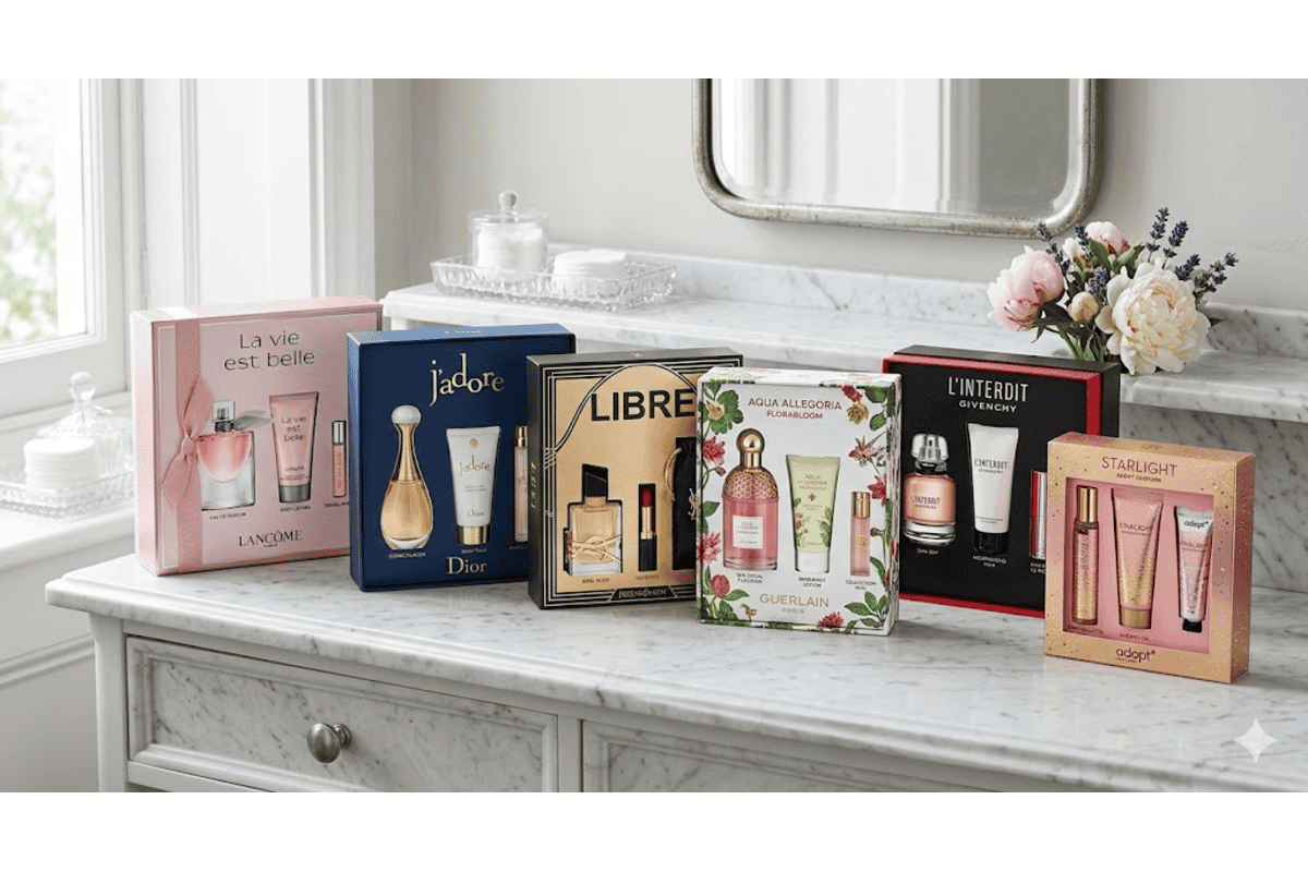 Six coffrets parfum Lancôme La Vie est Belle Dior J'adore YSL Libre Guerlain Givenchy Adopt commode marbre pivoines
