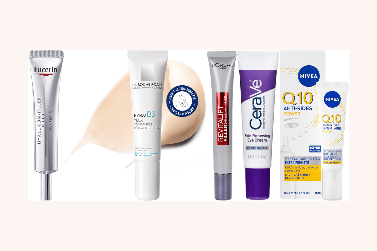 Comparatif crèmes contour des yeux Eucerin Hyaluron-Filler, La Roche-Posay Hyalu B5, L'Oréal Revitalift Filler, CeraVe Skin Renewing et Nivea Q10 sur fond rosé