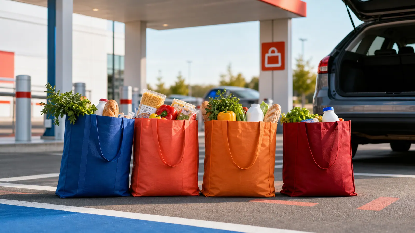 Quatre sacs de courses devant un point de retrait drive pour comparer Leclerc, Intermarché, Carrefour et Auchan