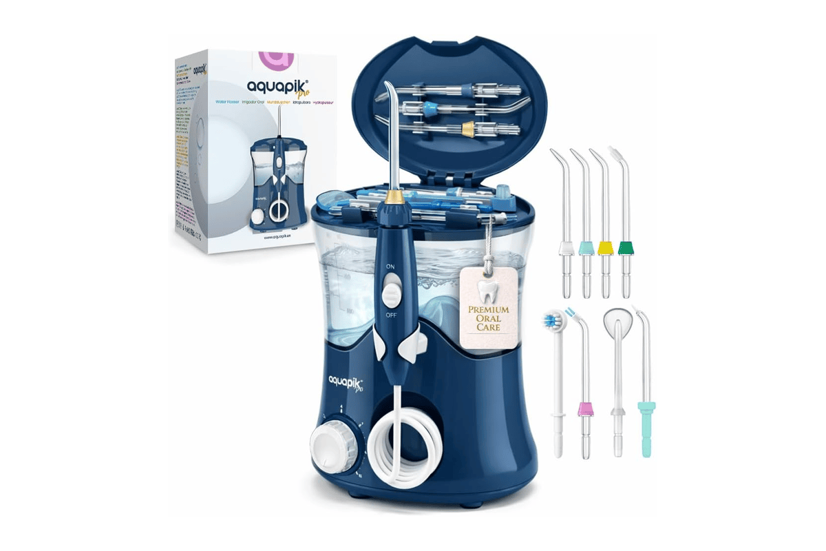 Aquapik Pro hydropulseur dentaire irrigateur buccal professionnel blanc bleu 8 buses 10 niveaux de pression réservoir 600 ml