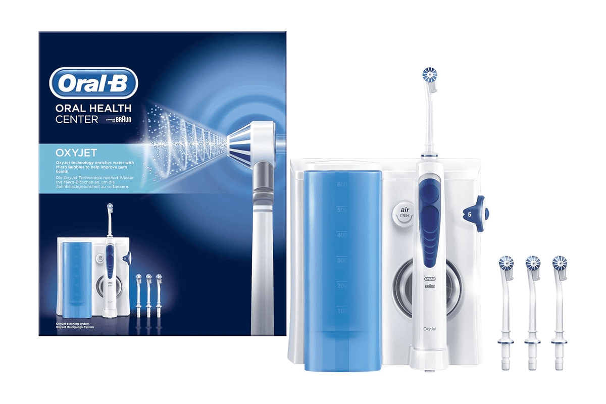 Oral-B OxyJet jet dentaire hydropulseur blanc et bleu 5 modes brossage air ionisé chargeur socle