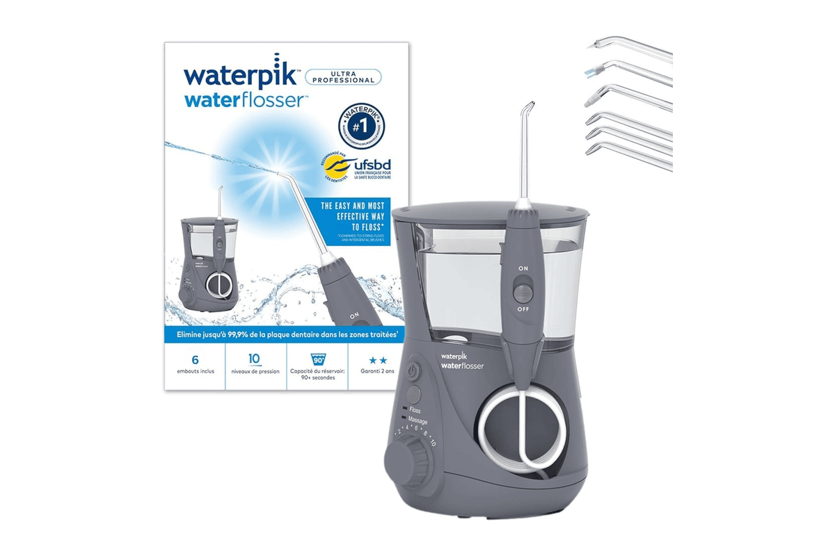 Waterpik Ultra Professional WP-667EU jet dentaire hydropulseur gris avec 7 embouts et 10 niveaux de pression eau plaque dentaire