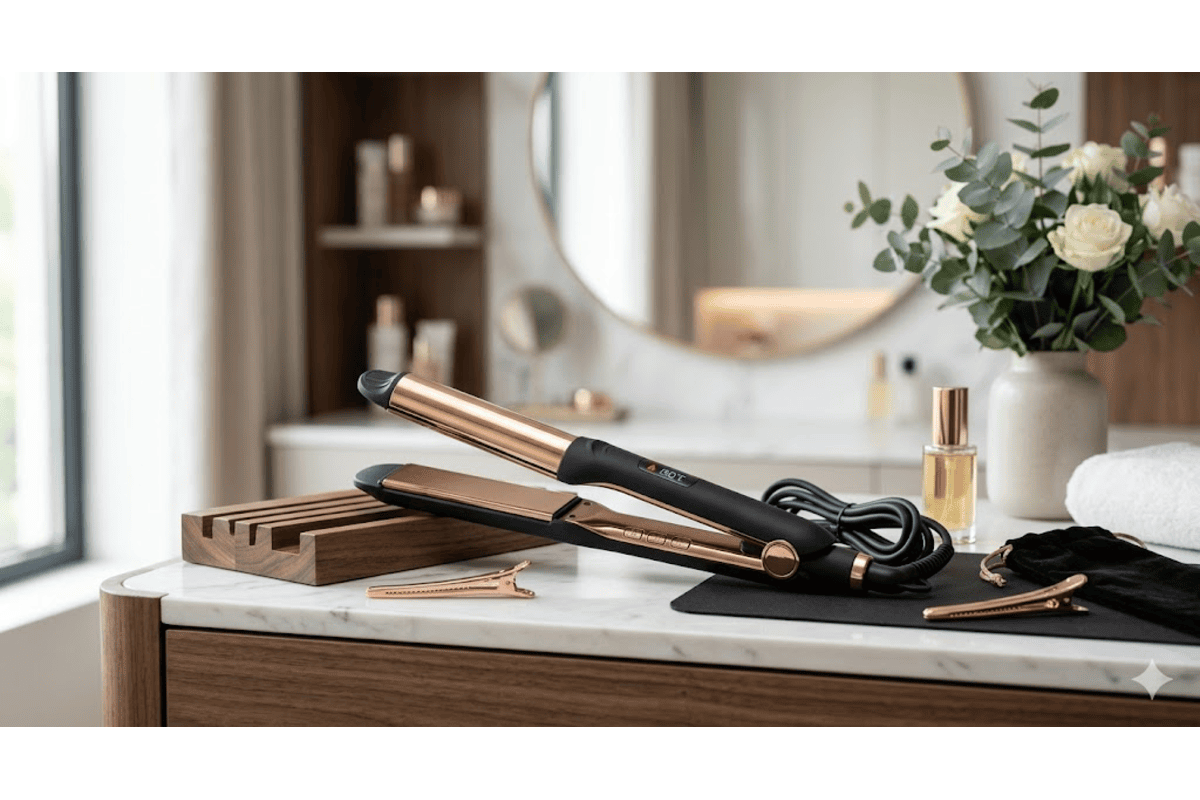 Lisseur boucleur design noir cuivré pose marbre coiffeuse roses miroir rituel beauté