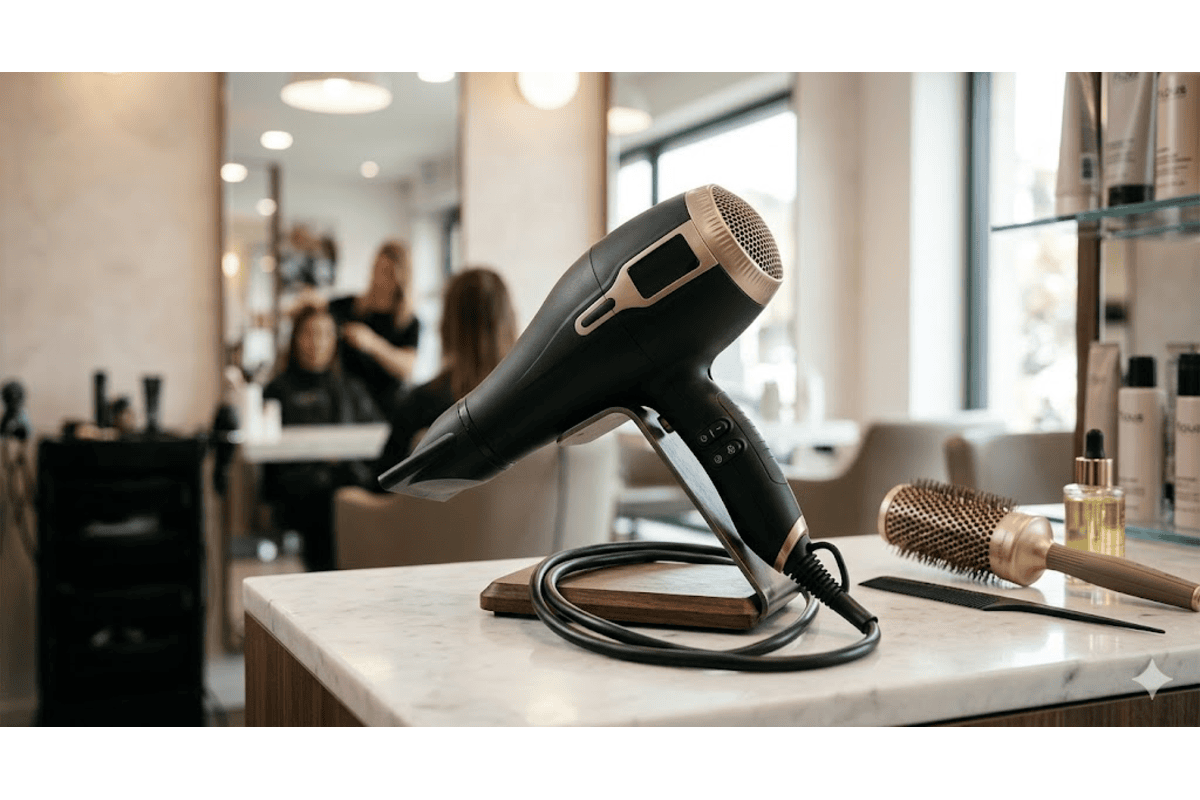 Sèche-cheveux professionnel noir mat finition cuivrée pose marbre salon de coiffure 2026