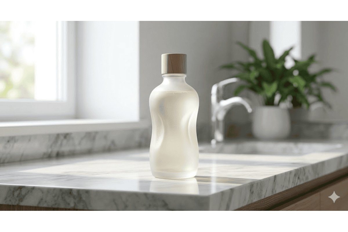 Shampoing flacon verre dépoli bouchon bois pose marbre salle de bain lumineuse 2026