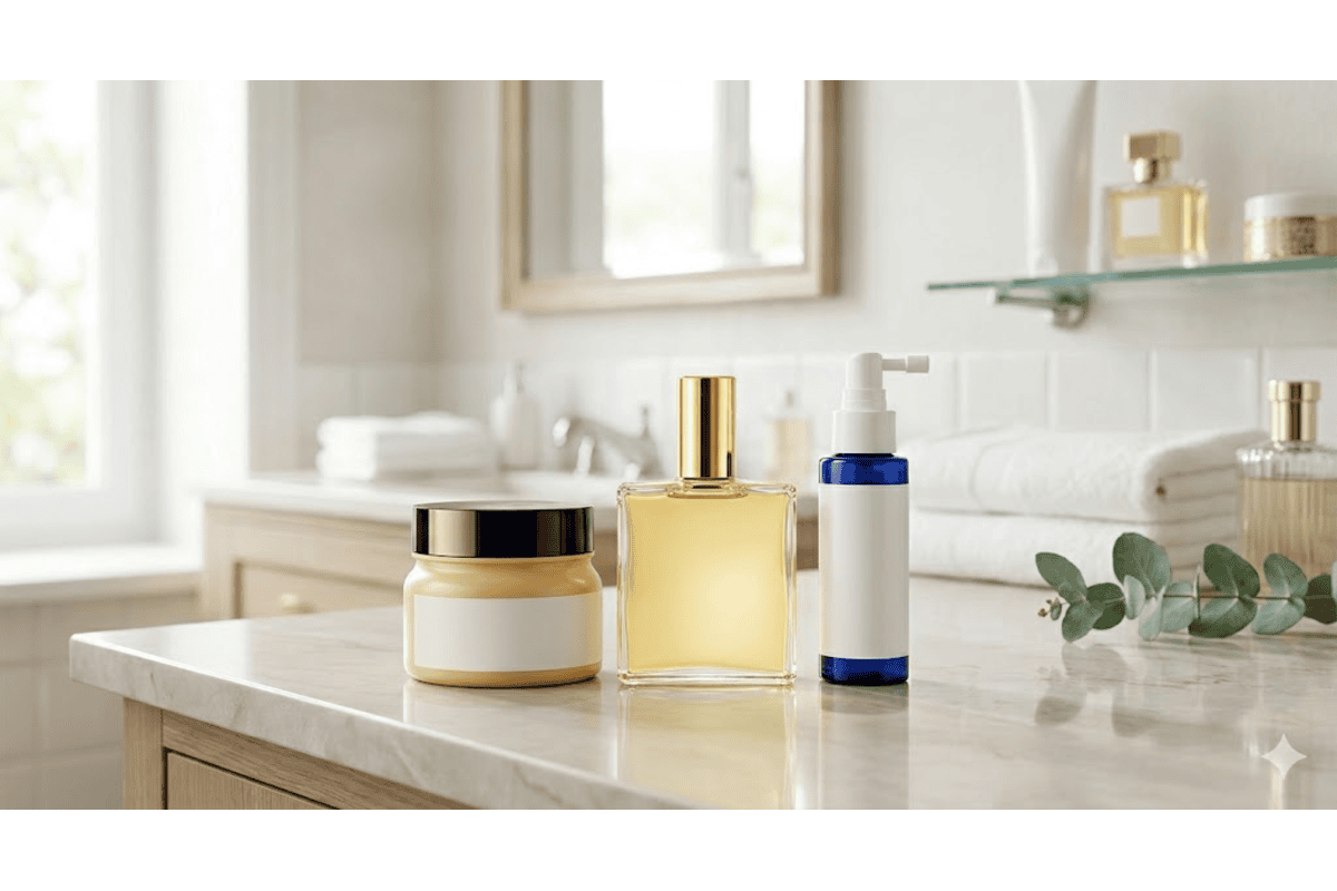 Soins cheveux pot masque huile dorée spray sans rinçage pose marbre salle de bain spa