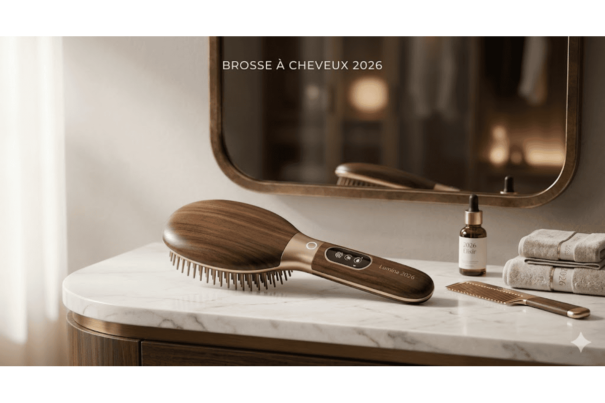 Brosse à cheveux bois doré pose marbre coiffeuse rituel beauté 2026