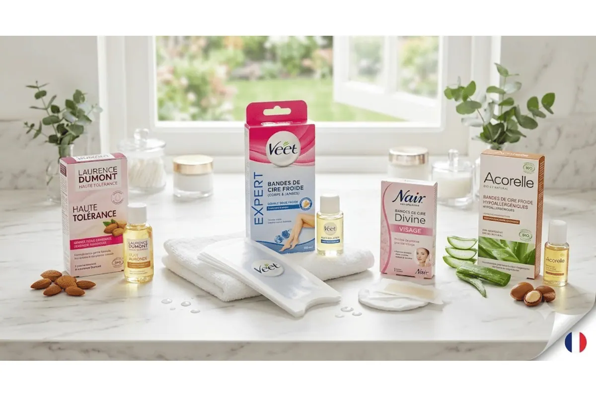 Bandes de cire froide Veet Expert, Laurence Dumont, Nair, Acorelle BIO posées sur plan marbre salle de bain avec huiles et aloe vera