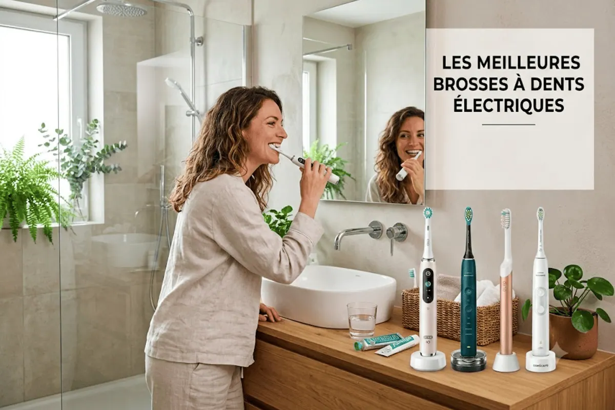Comparatif meilleures brosses à dents électriques 2026 femme se brosse les dents salle de bain moderne Oral-B iO Philips Sonicare posées sur plan de travail
