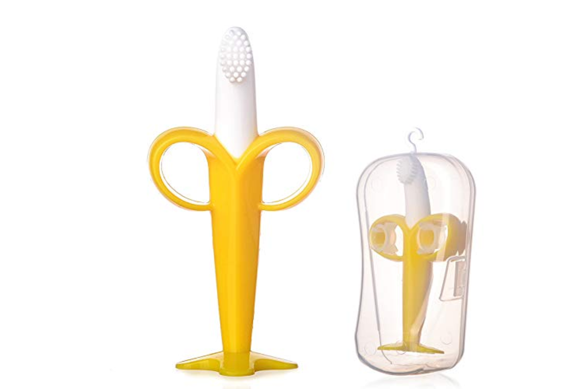 Brosse a dents bebe banane silicone BSGP jaune anneau dentition etui rangement 3 mois plus